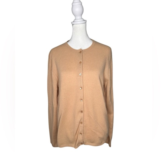 MAG for Bloomingdale’s Classic Crewneck Button-Front Tan Cashmere Luxe Cardigan - Picture 2 of 9